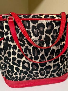 COACH Park Ocelot Leopard Print Carrie Tote Bag Red Leather Trim | LIKE NEW!